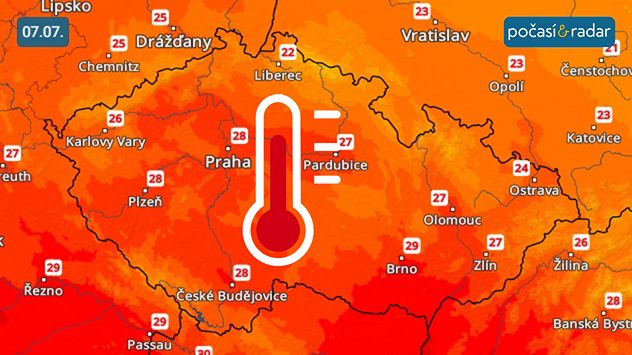 Předpověď maximálních denních teplot v Česku na úterý 7. 7.: V úterý se v Česku přechodně oteplí – odpolední maxima se budou šplhat až k 28 °C. Podobně vysoké teploty se pak vrátí na konci týdne.